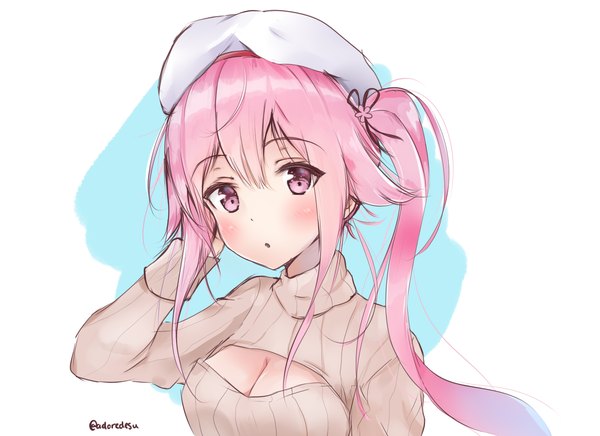 Anime picture 1486x1080 with kantai collection harusame destroyer adore (adoredesu) single long hair looking at viewer blush fringe breasts simple background hair between eyes white background signed payot pink hair upper body ahoge long sleeves parted lips head tilt