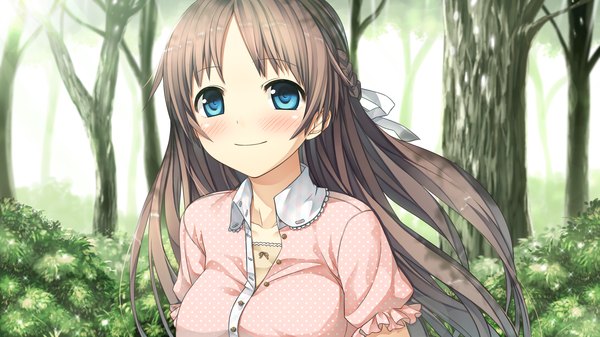 Anime picture 2560x1440 with monobeno sawai natsuha cura long hair blush highres blue eyes brown hair wide image game cg girl plant (plants) shirt tree (trees)