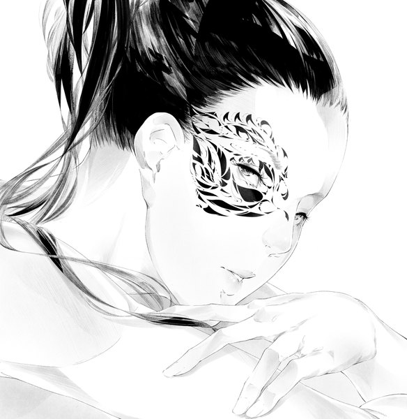 Anime picture 1000x1028 with original sousou (sousouworks) single long hair tall image looking at viewer black hair simple background white background ponytail facial mark monochrome close-up girl mask