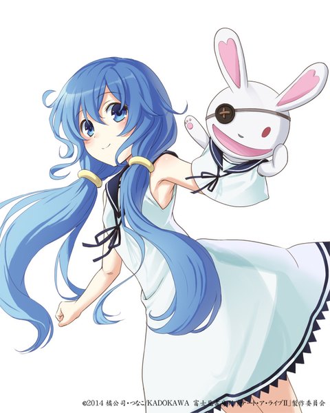 Anime picture 640x800 with date a live yoshino (date a live) yoshinon konoe (vis9191) single long hair tall image looking at viewer blush blue eyes simple background smile white background twintails blue hair girl dress toy stuffed animal stuffed toy