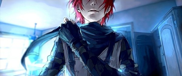 Anime picture 800x335 with fisheye placebo robin soloviev yuumei single short hair wide image red hair indoors girl gloves scarf fingerless gloves vest