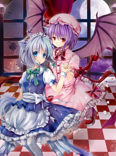 Anime picture 2551x3437 with touhou flandre scarlet remilia scarlet izayoi sakuya gyaza tall image highres short hair blue eyes red eyes multiple girls animal ears silver hair purple hair cat ears maid cat girl girl dress 2 girls