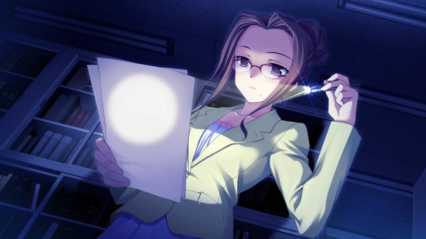 Anime picture 1600x900 with volume7 rococoworks hama asami fue (tsuzuku) single long hair brown hair wide image holding night from below hair bun (hair buns) girl glasses paper flashlight