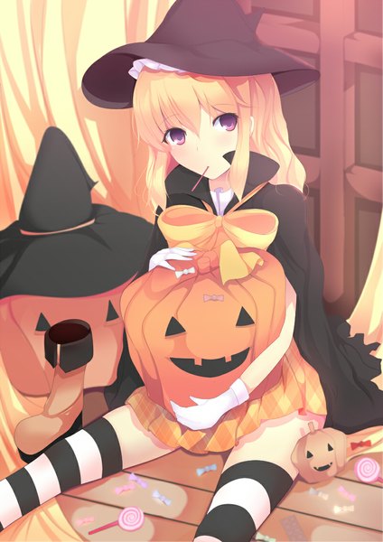 Anime picture 800x1131 with original daiaru single long hair tall image looking at viewer blonde hair red eyes halloween witch girl thighhighs dress gloves bow witch hat striped thighhighs lollipop