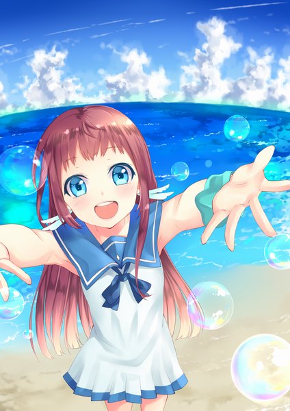 Anime picture 723x1023 with nagi no asukara p.a. works mukaido manaka arios (orochi yuta) single long hair tall image looking at viewer blush fringe open mouth blue eyes brown hair from above armpit (armpits) happy spread arms horizon girl dress