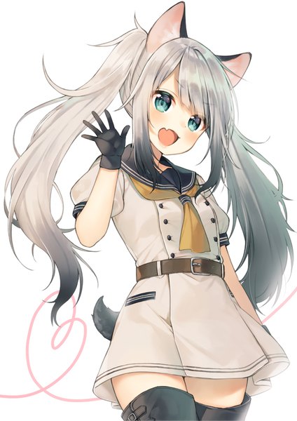 Anime picture 566x800 with original midorikawa you single long hair tall image looking at viewer blush fringe open mouth simple background white background twintails animal ears payot silver hair tail animal tail multicolored hair aqua eyes grey hair