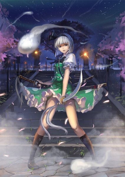 Anime picture 1000x1415 with touhou konpaku youmu november (jeanex) single tall image short hair blue eyes silver hair cherry blossoms ghost girl dress weapon petals sword socks hairband katana black socks