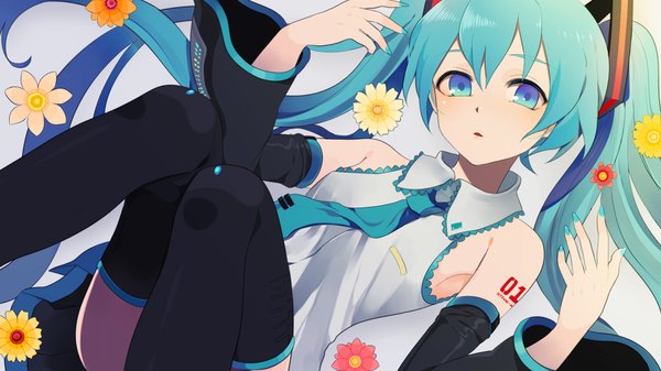 Anime picture 1920x1080 with vocaloid hatsune miku harano single highres wide image twintails very long hair aqua eyes aqua hair girl thighhighs flower (flowers) black thighhighs detached sleeves necktie