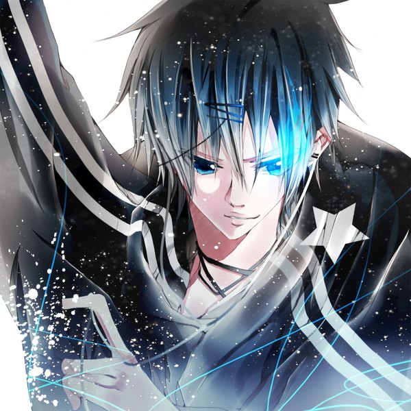Anime picture 1850x1850 with vocaloid kaito (vocaloid) daiviad single highres short hair blue eyes blue hair glowing glowing eye (eyes) black rock shooter (cosplay) boy weapon star (symbol) star (stars)