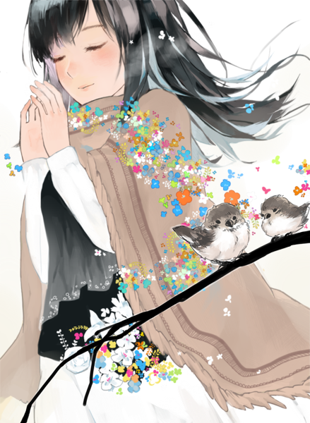 Anime picture 750x1025 with original yamato (aoiaoiao921) single long hair tall image blush fringe eyes closed multicolored hair exhalation dark hair girl flower (flowers) animal bird (birds) branch poncho