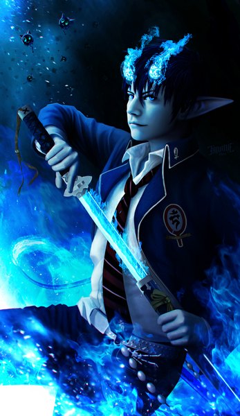 Anime picture 600x1037 with ao no exorcist a-1 pictures okumura rin tanathe (artist) single tall image short hair blue eyes black hair smile tail lips pointy ears realistic magic light boy weapon sword necktie