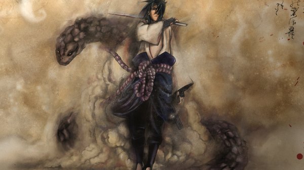 Anime picture 1366x768 with naruto studio pierrot naruto (series) uchiha sasuke anbuu single fringe black hair wide image wind hair over one eye hieroglyph boy gloves weapon animal sword katana blood paper