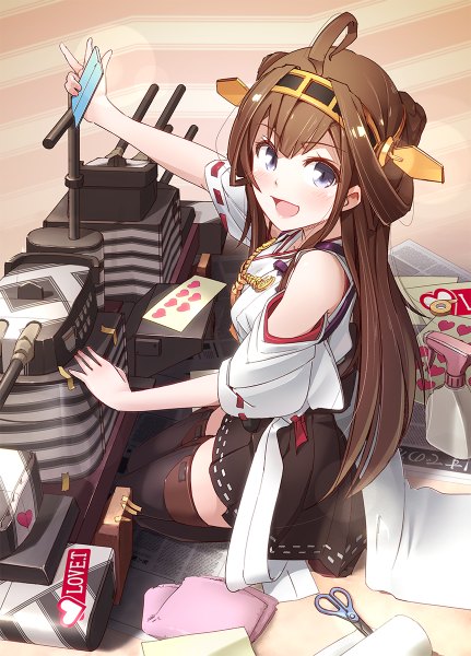 Anime picture 862x1200 with kantai collection kongou battleship pemu single long hair tall image blush fringe open mouth blue eyes brown hair sitting bent knee (knees) pleated skirt looking back kneeling victory happy valentine nontraditional miko