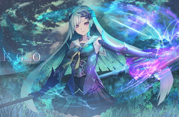 Anime picture 1000x657 with fate (series) fate/grand order brynhildr (fate) yoshimoto (dear life) single long hair looking at viewer fringe breasts purple eyes holding sky cloud (clouds) head tilt pleated skirt aqua hair copyright name magic glowing weapon girl