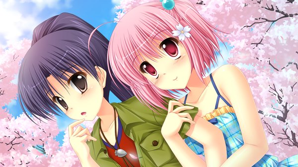 Anime picture 1280x720 with ima mo itsuka mo faluna luna akinomiya akane ichinose kokoro kamiya tomoe long hair blush short hair black hair smile red eyes wide image brown eyes pink hair game cg ponytail otoko no ko girl boy hair ornament