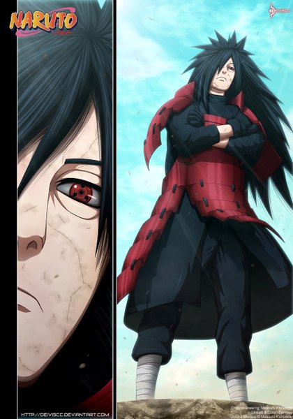 Anime picture 910x1300 with naruto studio pierrot naruto (series) uchiha madara deiviscc single long hair tall image fringe black hair red eyes sky cloud (clouds) sunlight hair over one eye inscription from below coloring close-up crossed arms