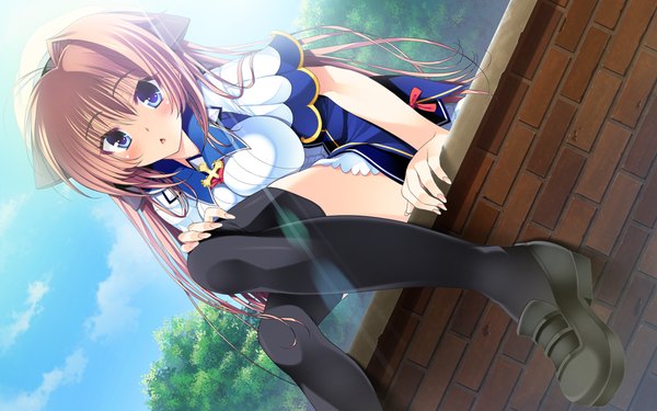 Anime picture 1054x659 with scramble lovers izumo sakurako inuzumi masaki single long hair looking at viewer blush breasts open mouth blue eyes brown hair large breasts sitting game cg sky cloud (clouds) arm support looking down hand on knee girl