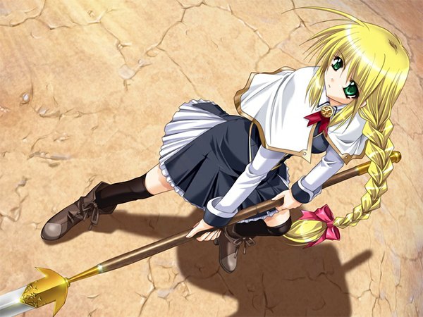 Anime picture 1024x768 with puri saga! jessica ortiz ryuuga shou blonde hair green eyes game cg girl weapon