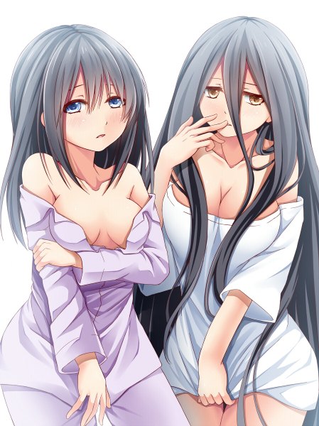 Anime picture 898x1200 with original creek (moon-sky) long hair tall image looking at viewer breasts blue eyes light erotic black hair white background multiple girls brown eyes finger to mouth girl 2 girls shirt