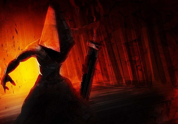 Anime picture 2000x1400 with silent hill silent hill 2 pyramid head qsixtynine single highres inscription red background muscle gloom boy weapon sword helmet