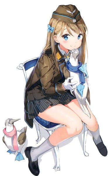Anime picture 1687x2712 with original anmi single long hair tall image looking at viewer blush blue eyes simple background smile brown hair white background sitting girl skirt gloves animal socks white gloves bird (birds)