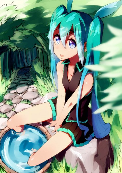 Anime picture 866x1226 with vocaloid hatsune miku ytk (yutta-p) single long hair tall image looking at viewer open mouth hair between eyes sitting twintails purple eyes bare shoulders nail polish pleated skirt from above aqua hair soaking feet girl skirt