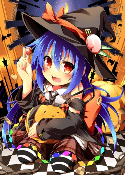 Anime picture 1036x1450 with touhou hinanawi tenshi wakagi repa single long hair tall image blush open mouth red eyes blue hair halloween witch girl thighhighs dress detached sleeves witch hat striped thighhighs lollipop vegetables