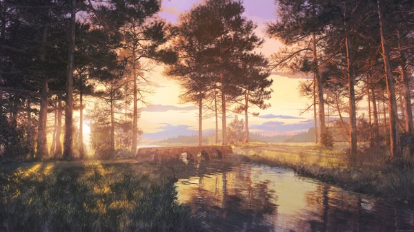 Anime picture 1920x1080 with original arsenixc highres wide image wallpaper watermark evening no people landscape river plant (plants) tree (trees) grass forest