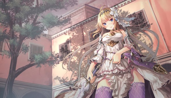 Anime picture 2130x1230 with granblue fantasy jeanne d'arc (granblue fantasy) saraki single long hair blush highres blue eyes light erotic blonde hair wide image girl thighhighs dress hair ornament bow weapon plant (plants) sword tree (trees)