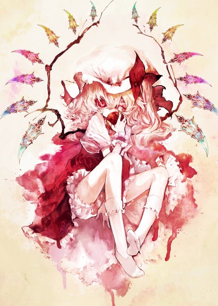 Anime picture 856x1200 with touhou flandre scarlet banpai akira single tall image short hair light erotic blonde hair red eyes ponytail puffy sleeves side ponytail girl skirt underwear ribbon (ribbons) wings socks frills white socks