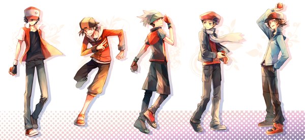 Anime picture 1640x754 with pokemon pokemon black and white pokemon dppt pokemon heartgold and soulsilver nintendo red (pokemon) hilbert (pokemon) gold (pokemon) ruby (pokemon) lucas (pokemon) zesilo (artist) short hair black hair smile brown hair wide image hand on hip group polka dot boy