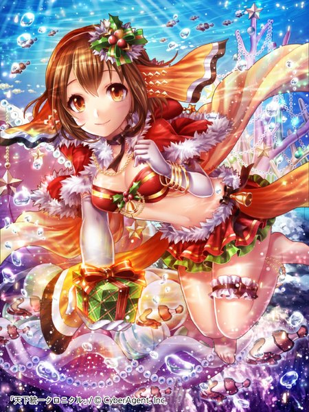 Anime picture 600x800 with original kempin single tall image looking at viewer blush short hair smile brown hair brown eyes underwater girl dress gloves animal bracelet white gloves fish (fishes)