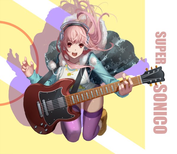Anime picture 1237x1080 with nitroplus super sonico emp single long hair looking at viewer fringe open mouth red eyes holding pink hair open clothes open jacket shadow character names happy jumping girl thighhighs jacket
