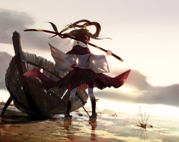 Anime picture 1200x955 with original untan single long hair brown hair twintails looking away traditional clothes japanese clothes wind from behind girl skirt ribbon (ribbons) weapon hair ribbon sword water boots katana