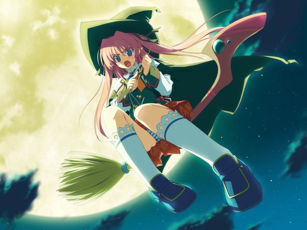 Anime picture 1600x1200 with wiz anniversary shida kazuhiro long hair blush open mouth blue eyes twintails pink hair game cg cloud (clouds) witch girl skirt socks moon white socks witch hat broom wand