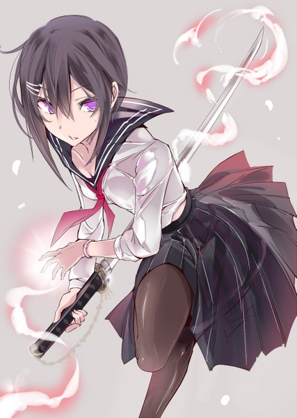 Anime picture 917x1289 with original touma raito single tall image fringe short hair purple eyes holding looking away purple hair bent knee (knees) pleated skirt mole mole under eye glowing fighting stance glow glowing weapon girl skirt