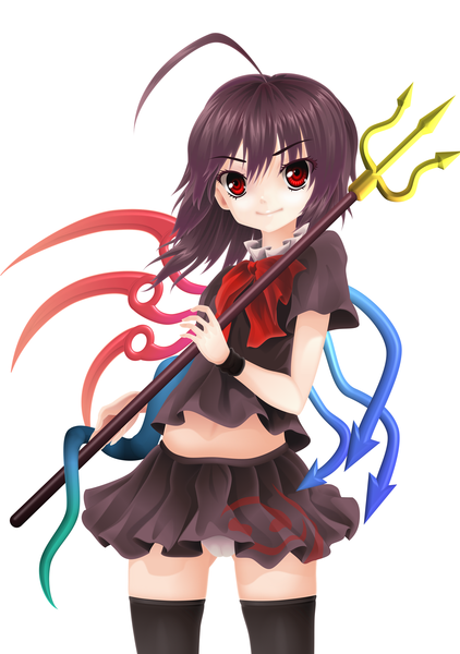 Anime picture 2159x3072 with touhou houjuu nue hari (project railgun) single tall image highres short hair black hair simple background red eyes white background ahoge pantyshot girl thighhighs dress skirt black thighhighs miniskirt wings