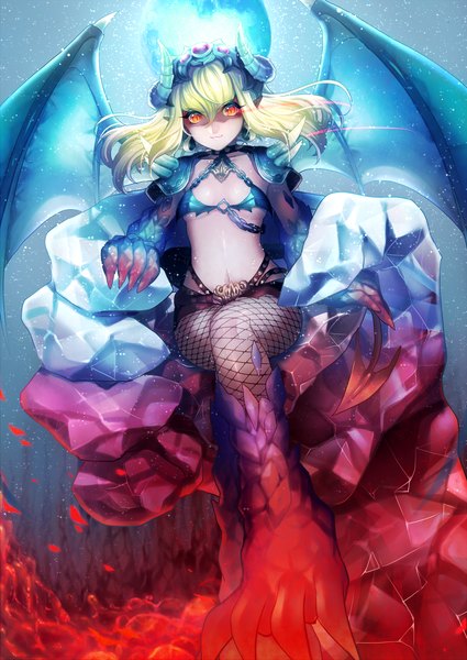 Anime picture 1239x1750 with original momoshiki tsubaki single long hair tall image looking at viewer light erotic blonde hair red eyes sitting horn (horns) monster girl girl wings