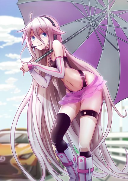 Anime picture 707x1000 with vocaloid ia (vocaloid) s.h.v 10-colors single tall image looking at viewer fringe blue eyes bare shoulders pink hair sky cloud (clouds) very long hair bare belly girl thighhighs skirt navel black thighhighs