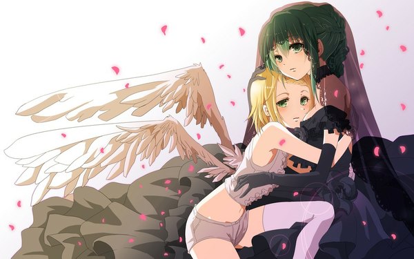 Anime picture 1000x625 with vocaloid himitsu ~kuro no chikai~ (vocaloid) hatsune miku kagamine rin hiiro (kikokico) short hair blonde hair simple background wide image multiple girls green eyes green hair hug girl thighhighs dress gloves 2 girls petals white thighhighs