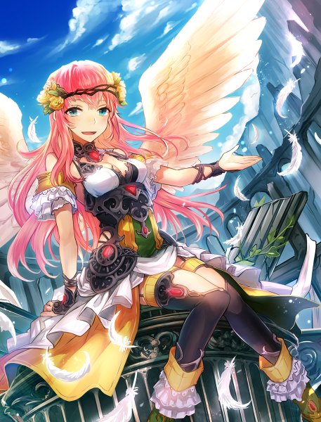 Anime picture 914x1200 with original shiobana single long hair tall image blush breasts open mouth blue eyes sitting pink hair sky cleavage cloud (clouds) arm support outstretched arm angel wings knees touching girl flower (flowers)