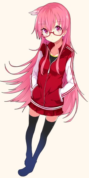 Anime picture 2350x4700 with original kou mashiro single long hair tall image looking at viewer blush fringe highres simple background pink hair pleated skirt pink eyes hands in pockets girl thighhighs skirt black thighhighs miniskirt glasses