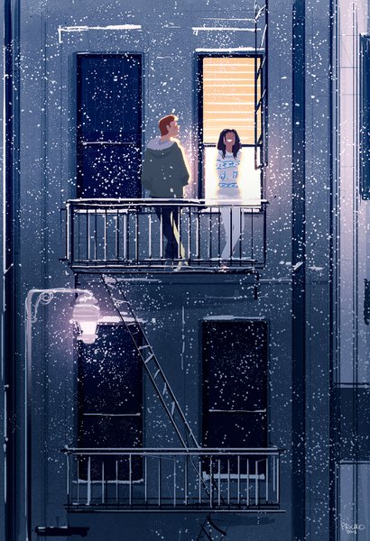 Anime picture 970x1417 with original pascal campion long hair tall image short hair black hair smile brown hair standing looking away outdoors from behind dark skin looking up hands in pockets girl boy jacket window hood