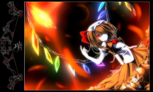 Anime picture 4300x2580 with touhou flandre scarlet tan (carbon) single fringe highres red eyes brown hair wide image absurdres hair over one eye framed girl wings crystal planet