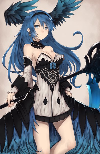 Anime picture 1000x1537 with original snm (sunimi) single long hair tall image looking at viewer blush fringe breasts blue eyes light erotic simple background hair between eyes standing bare shoulders holding blue hair cleavage parted lips wide sleeves