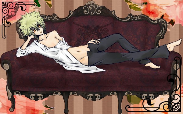 Anime picture 1170x734 with katekyou hitman reborn vongola primo giotto ojou single short hair blonde hair smile bare shoulders yellow eyes lying barefoot open clothes midriff hand on hip reclining boy couch