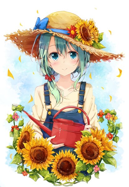 Anime picture 675x976 with original kurottari single long hair tall image looking at viewer blush fringe blue eyes simple background smile hair between eyes holding upper body aqua hair low ponytail denim girl flower (flowers) bow