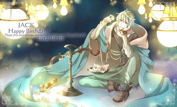 Anime picture 1158x700 with nico nico singer jack (nico nico singer) haruma single short hair smile wide image sitting green eyes green hair light smile aqua hair crossed legs dark background zodiac libra (zodiac) boy food boots sweets