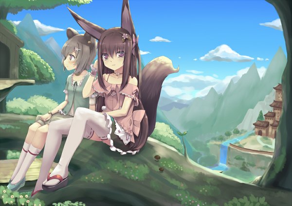 Anime picture 1000x707 with blade & soul lyn (blade & soul) sonikey0 0 long hair looking at viewer blush black hair sitting purple eyes multiple girls animal ears sky cloud (clouds) tail animal tail grey hair mountain girl thighhighs dress