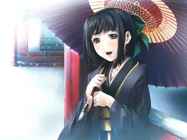 Anime picture 1600x1200 with cartagra hatsune (cartagra) simosi single looking at viewer blush short hair open mouth black hair brown eyes traditional clothes japanese clothes tears snowing winter girl bow hair bow umbrella